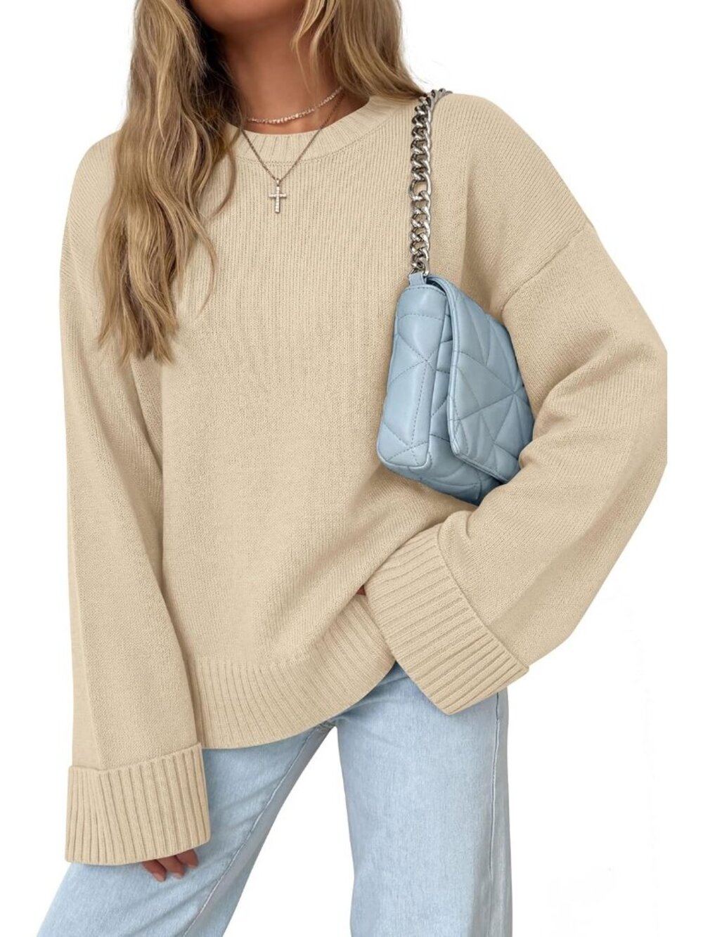 Women's Beige Crewneck Long Sleeve Solid Ribbed Knit Top Oversized Fall Sweater